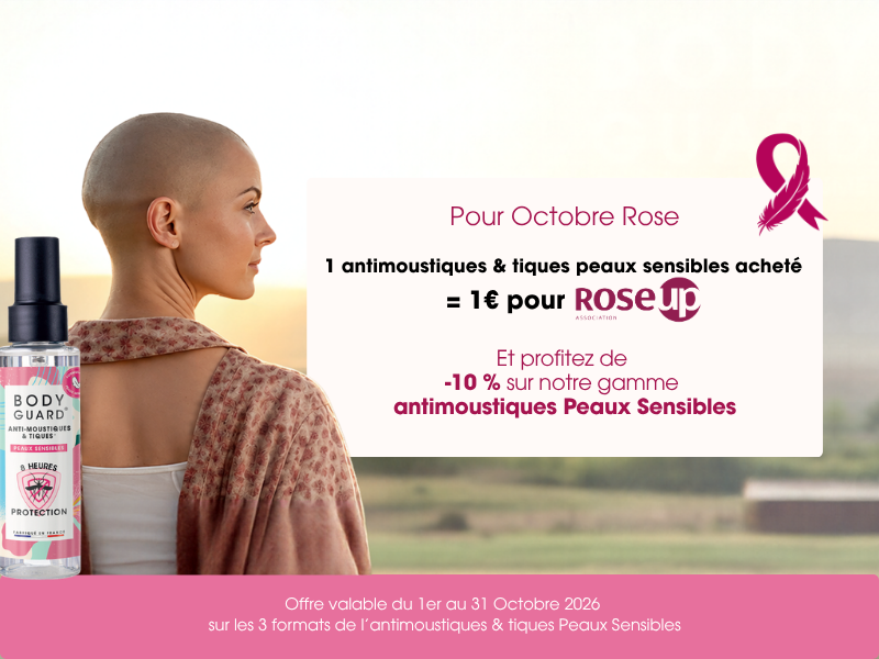 Pour Octobre Rose, 1 antimoustiques & tiques Peaux Sensibles acheté = 1 € pour l’association RoseUp. Et -10 % sur la gamme antimoustiques Peaux Sensibles. Offre valable du 1er au 31 octobre 2026 sur les 3 formats.